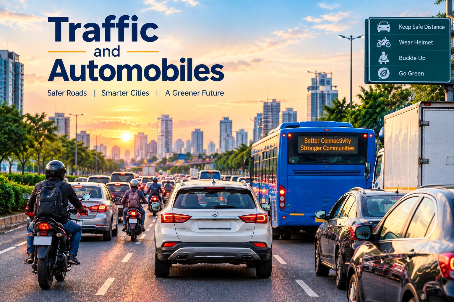 Busy urban road showing traffic congestion, cars, buses, motorcycles, pedestrians, traffic signals, and smart mobility solutions.